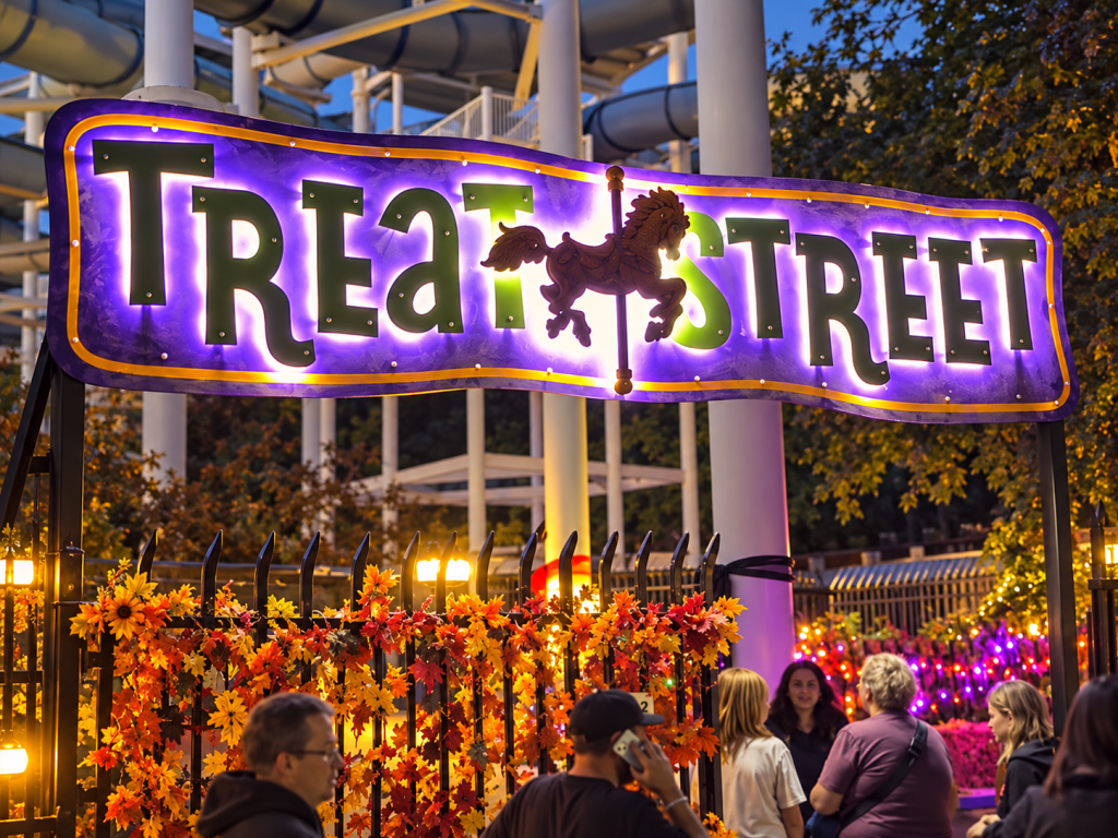 Glowing purple Treat Street sign and autumn decorations at Lagoon FRIGHTMARES