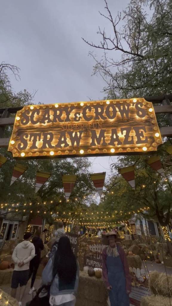 Illuminated Scary & Crow's Super Fun Straw Maze entrance at Lagoon Frightmares