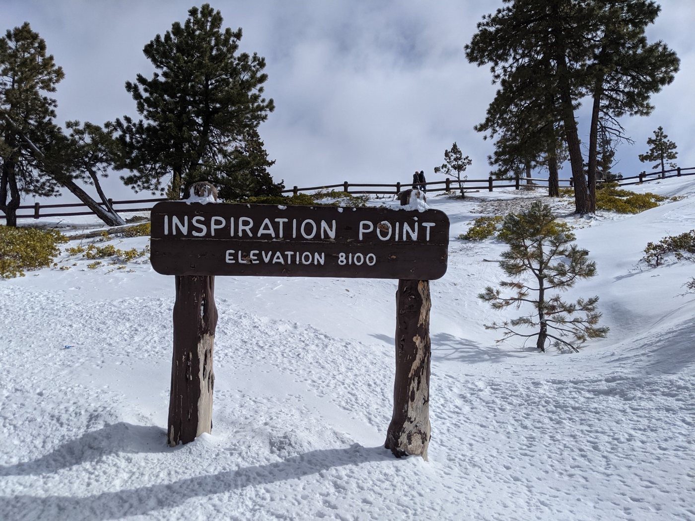 Inspiration Point trail sign surrounded by snow at Bryce Canyon