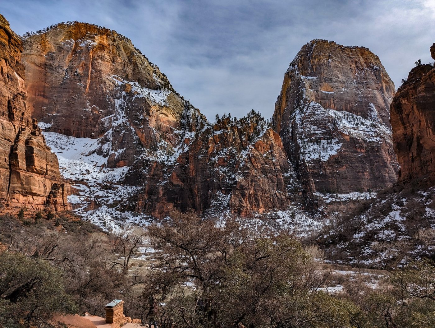 Snow-dusted canyon walls in Zion National Park