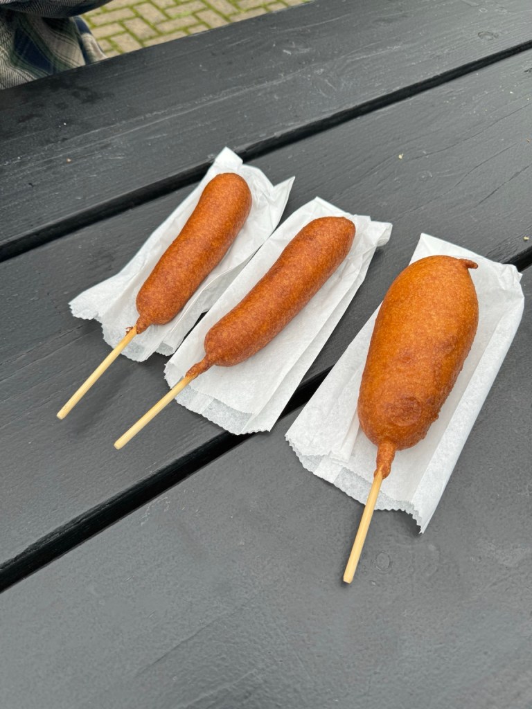Three golden brown pups on an outdoor picnic table