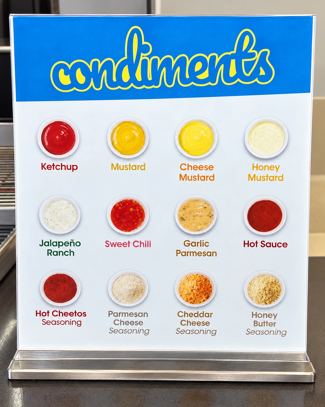 Cruncheese condiment board displaying twelve sauce and seasoning options