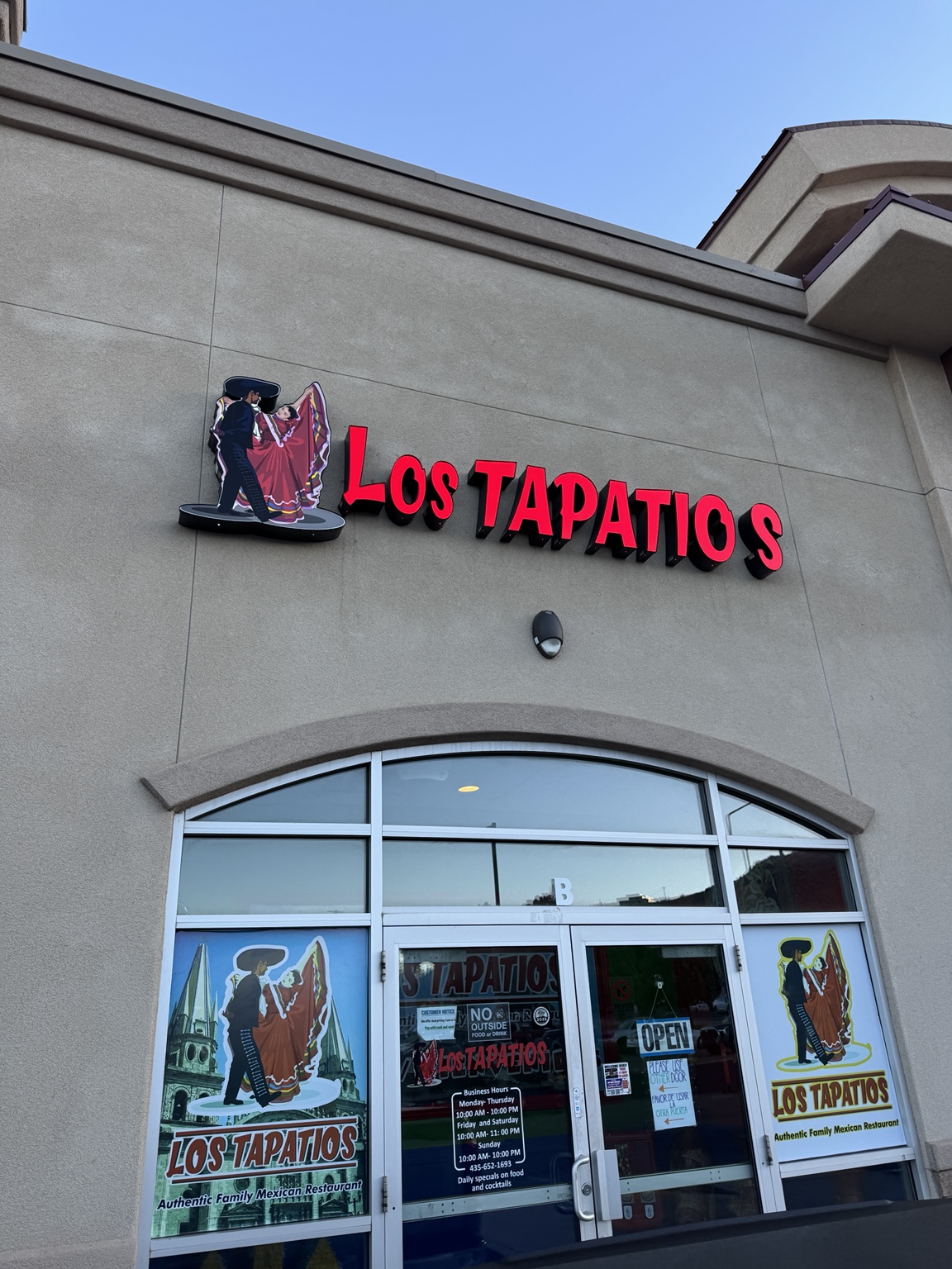 Los Tapatios Mexican restaurant exterior, with the red sign and entrance in St. George, Utah
