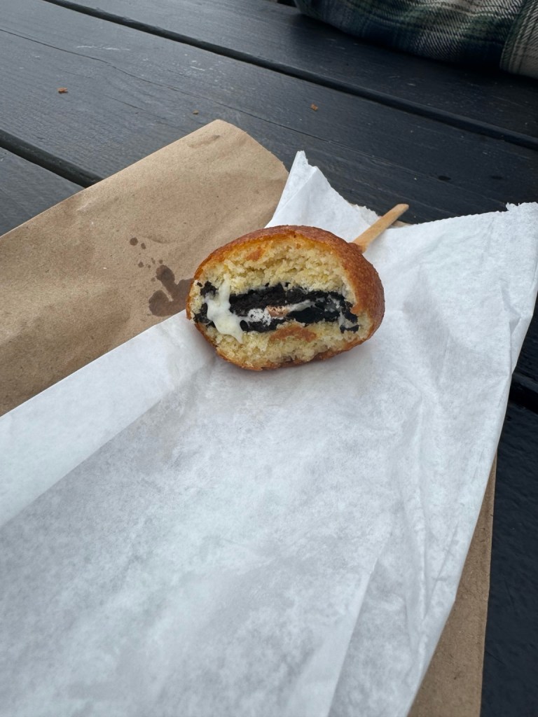 Fried Oreo showing the cookie and cream filling